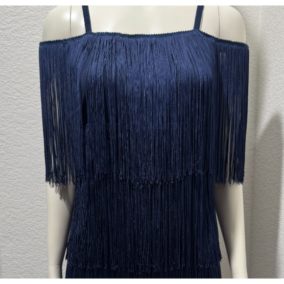 Boston Proper Muse Flapper Tiered Fringe Dress Sz 4 Sleeveless Dk Blue Party - Picture 2 of 9